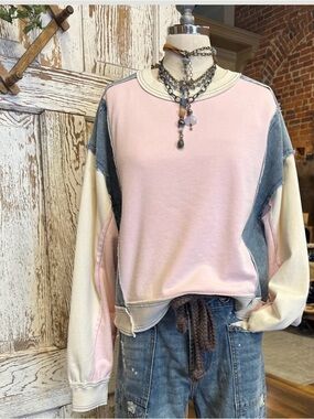 Color block multimedia sweatshirt. Knit and denim. Pink, blue, ivory.Size S.NWT